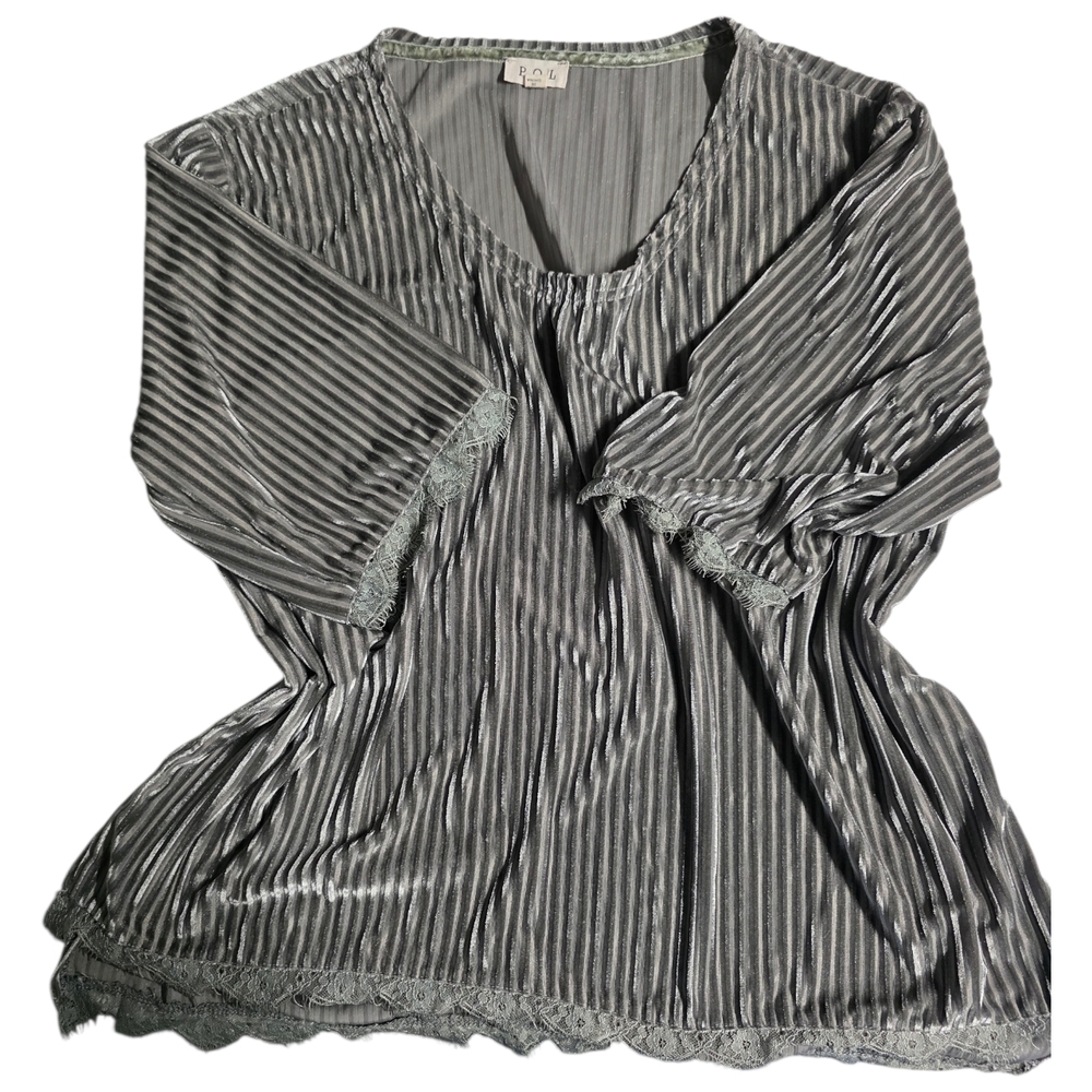 POL Sage Grey Velvet‎ Plissé High-Low Tunic Top M Eyelash Lace